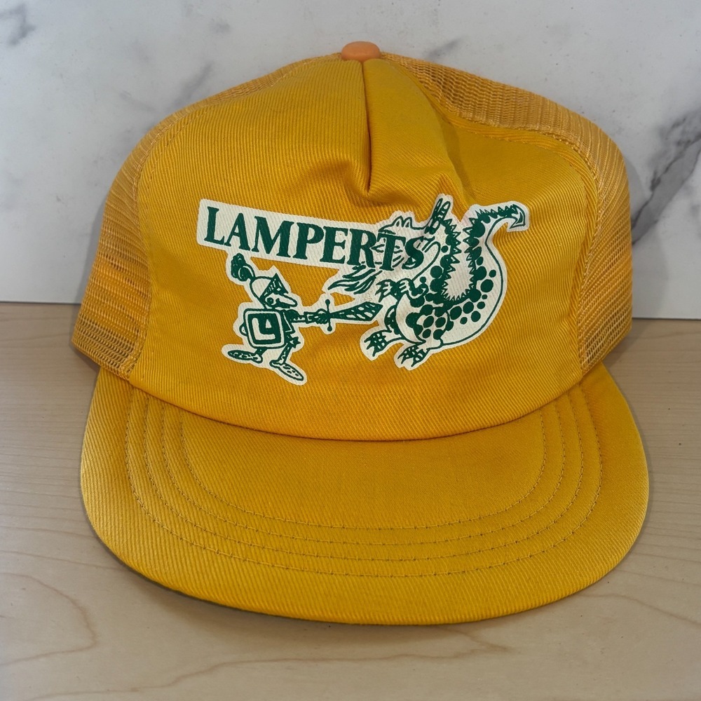 Vintage Lamperts Lumber Trucker Hat Yellow Mesh Snapback Butler WI Cap USA